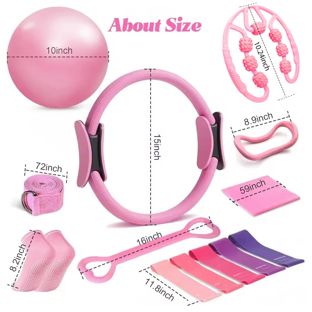 Pilates Set, Pilates Ring Zubehör Set 13 Teiliges mit Yoga Ball, Yoga Gurt, Fitnessbänder, Pilates Socken, Trainingsposter & Tragbarer Tasche, Home Pilates Essential Kit für Frauen