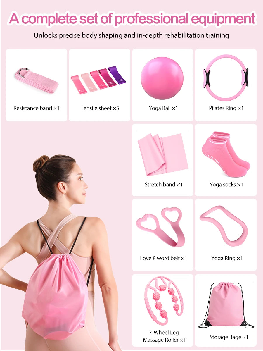 Pilates Set, Pilates Ring Zubehör Set 13 Teiliges mit Yoga Ball, Yoga Gurt, Fitnessbänder, Pilates Socken, Trainingsposter & Tragbarer Tasche, Home Pilates Essential Kit für Frauen