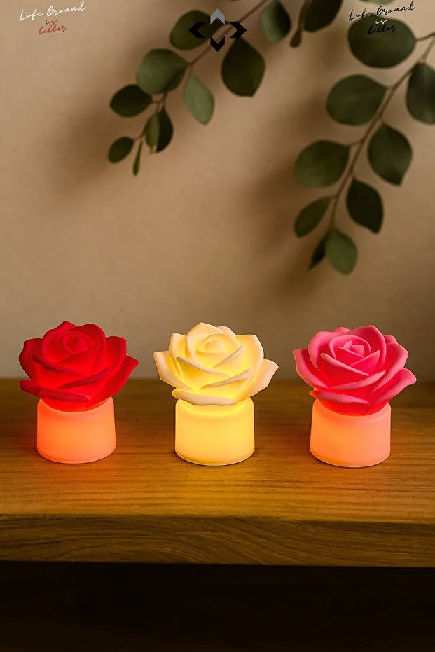 3-teiliges Mini-LED-Nachtlicht-Set mit Rosenmuster – Romantische Tischlampe