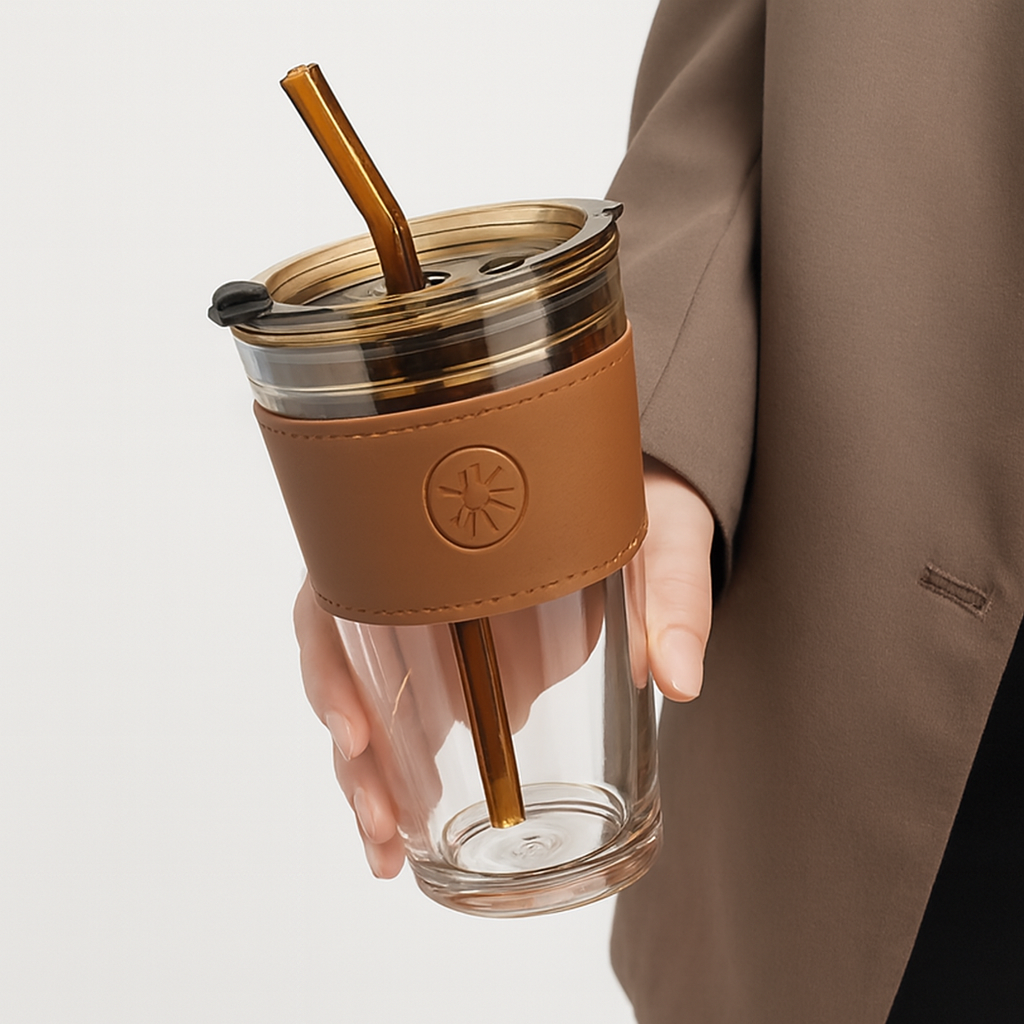 Glas-Kaffeebecher mit Hülle & Strohhalm